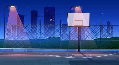 Street basketball court in night city, cartoon illustration. Vector design of outdoor sports playground with ring on shield, illuminated by lanterns against dark cityscape background. Urban workout