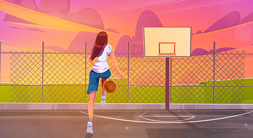 Street basketball court with girl player at evening. Woman athlete running with orange ball and dribble on sport ground with basket and fence, vector cartoon illustration