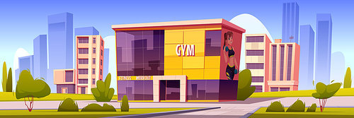 Gym building, modern sport house in summer town. Vector cartoon illustration of cityscape with fitness center facade. Architecture of workout club for sport training and exercises