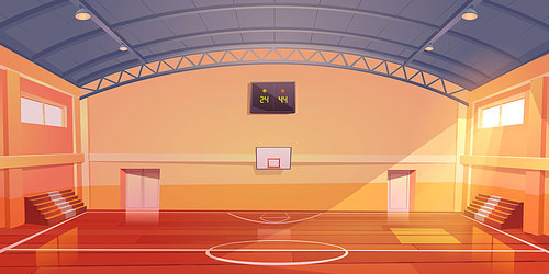 Basketball court interior, sports arena or hall for team games with hoop, wooden floor, scoreboard and empty fan sector seats. Indoor stadium illuminated with sunlight, cartoon vector illustration