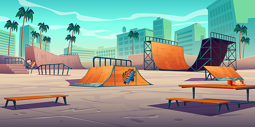 Skate park with ramps in tropical city. Vector cartoon cityscape with track for skateboard, picnic table, wooden bench and palm trees. Playground for extreme sport activity