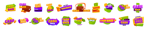 Icons of cash back offers. Concept of refund money after buy. Vector cartoon set of stickers, promotion banners of cashback with gold coins, arrows, wallet and credit card