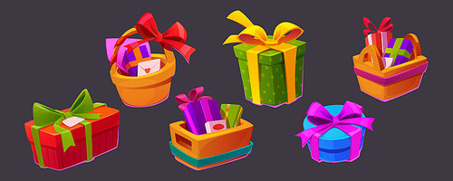 Gift hampers, boxes and baskets with envelopes, chocolate and wrapped presents for valentines, birthday, anniversary of boxing day celebration. Isolated kits for couples, Cartoon vector illustration