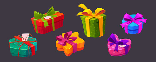 Gift boxes, presents in colorful wrapping paper with bows. Heart, round, star, square shape packages. Bonus, award, birthday, Christmas, Valentine, New Year celebration isolated Cartoon vector set