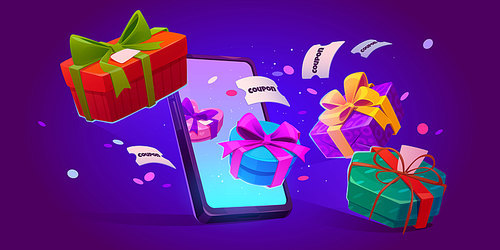 Mobile phone with gift boxes and coupons flying out of screen. Big shopping sale promotion, consumers app. Fortune, bonus for store clients, smartphone with presents, Cartoon vector illustration