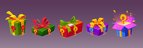 Mystery boxes, secret gifts with surprise. Signs of prize with question mark. Concept of unknown presents, parcels with ribbon bow and open box with magic light and gold confetti, vector cartoon set