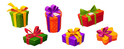 Set of gift boxes isolated on white . Collection of colorful packages for presents of different shape and size decorated with ribbon bows. Holiday surprise vector illustration. Sale symbol