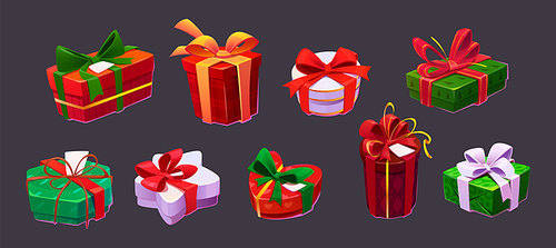 Set of gift boxes, colorful presents in wrapping paper with bows. Christmas, birthday, Valentine, New Year celebration packages. Green, red and white bonus, award prizes, isolated Cartoon vector set