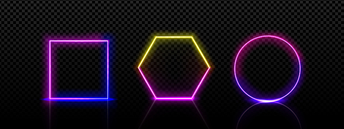 Neon frames square, circle and hexagon shapes. Electric light banners for night club or casino, glowing borders with gradient colors, vector realistic set isolated on transparent background