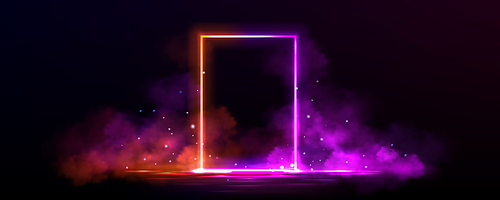 Futuristic banner with neon light frame on water surface and smoke clouds with sparkles. Glowing rectangle frame in fog on black background, vector realistic illustration