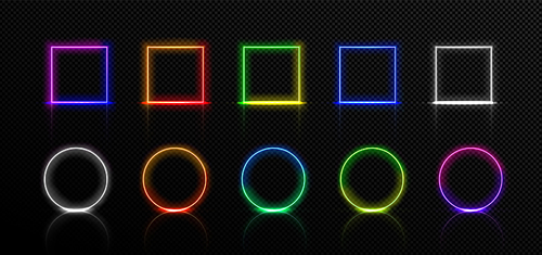 Neon frames, isolated colorful led square and round borders. Red, green, blue, pink, yellow purple Illuminated geometric shapes on black background. Color light signboards Realistic 3d vector set