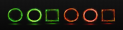 Futuristic neon frames of burning fire and green energy glow with sparks isolated on transparent background. Circle and square magic light traces with sparkles, vector realistic set