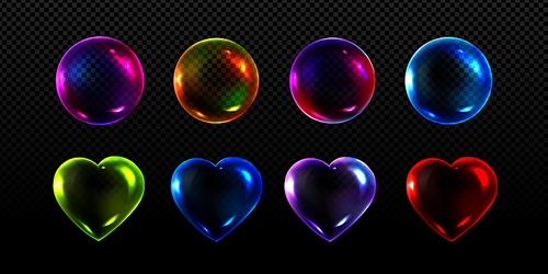 Clear soap bubbles with neon light reflections. Abstract 3d glass balls and hearts, shiny air bubbles from liquid detergent foam isolated on transparent background, vector realistic set