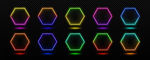 Neon frames, light banners hexagon shape. Abstract electric sign borders with glow effect for night club or casino. Futuristic digital frames with gradient colors lines, vector realistic set