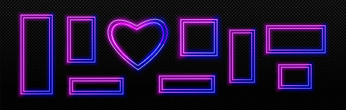 Blue and pink neon light frames, empty banners in rectangle and heart shapes. Glowing borders for night club or casino electric signboards isolated on transparent background, vector realistic set