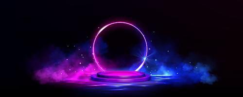 Futuristic stage with neon light circle frame and podium on water surface. Empty studio interior with round platform, glow ring and smoke with sparkles, vector realistic illustration
