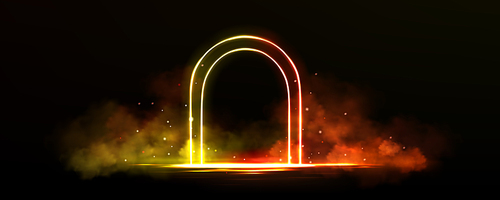 Colorful neon arch and smoke on black background. Realistic vector illustration of yellow and red gate glowing in darkness, mist and sparkles in air. Magic tunnel, virtual portal or frame on stage