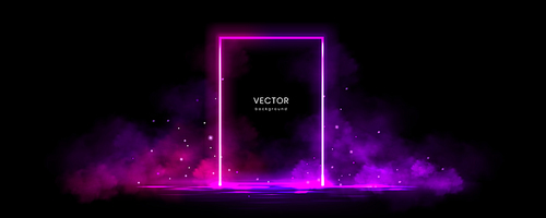 Neon rectangle frame with smoke on water surface. Rectangular glowing border with magic light among soft clouds. Purple portal with bright sparkles and flares Realistic abstract 3d vector background
