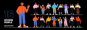 Big set of 16 diverse people isolated on black background. Flat vector illustration of male and female characters of different age, style, occupation, religion, nationality making greeting gesture