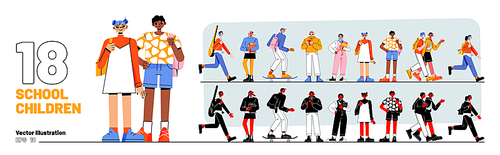 Set of school children, students, multicultural young girls and boys with backpacks holding books and smartphones. Happy diverse teenagers characters in casual clothes, Linear flat vector illustration