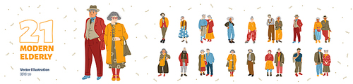 Set of modern elderly people. Trendy old male and female characters wear fashionable clothes. Isolated stylish senior men or women, elegant aged pensioners, Cartoon linear flat vector illustration