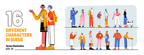 Set of different characters in queue, people stand in line. Multiracial group queuing, teens, young, mature and senior men and women, schoolkids, owner with dog, Linear flat Vector flat illustration