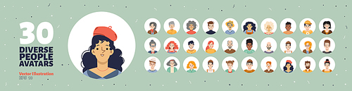 Set of people avatars, round icons with faces of young and old male and female characters. Diverse men or women with different hair color, kids, teens and adult isolated line art flat vector portraits