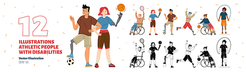 Set of athletic people with disabilities. Paralympic disabled athletes characters with body injuries. Men and women on wheelchair or prosthesis. Linear flat vector color and monochrome illustration