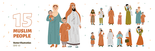 Muslim people set, family characters of different generation. Arab men in keffiyeh, women and girls in hijab, kids, student and old persons, vector hand drawn illustration