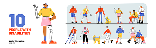 People with disabilities, blind characters with guide dogs, diverse characters in wheelchairs, with crutches and prosthesis isolated on , vector flat illustration