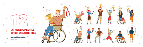 Set of athletic people with disabilities. Diverse paralympic sportsmen with prosthesis and in wheelchair hold gold medals and cups, sport ball, racket and skipping rope, vector flat illustration