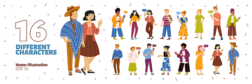 Set of 16 different flat characters with smartphones isolated on white . Vector illustration of men and women of various age and nationality using gadgets for communication, chatting online