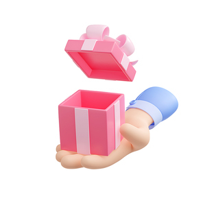 3d render hand holding open gift box with pink ribbon. Birthday surprise, bonus, christmas, new year holiday or wedding present, isolated Illustration on white background in cartoon plastic style