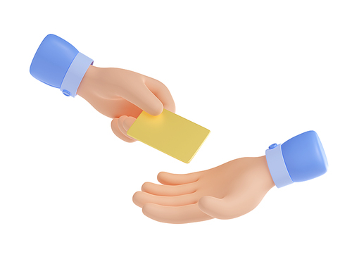 3d render hand giving gold credit card to other palm. Money, financial wealth, online shopping, cashless payment business concept, isolated Illustration on white background in cartoon plastic style