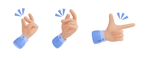 Fingers snap icon, man hand gesture of easy concept, idea, magic, pop sound. Set of fingers poses in flicking isolated on white, 3d render illustration