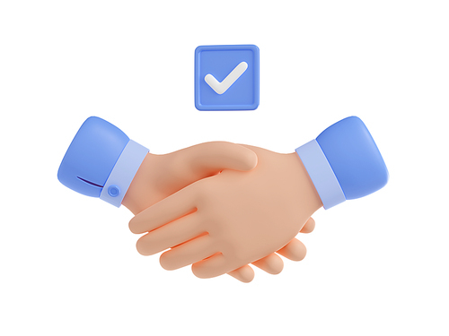 Handshake icon with check mark. Concept of partnership, business deal, agreement, cooperation, approved contract with hands shake isolated on white, 3d render illustration