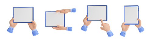Two hands hold tablet computer with blank screen. Man using digital device, ebook or gadget, pointing or click on touchscreen with finger, 3d render illustration isolated on white