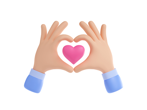 3d render hands with pink heart inside of fingers frame. Gesture design for valentine day, volunteer charity, love, sympathy or like isolated Illustration on white background in cartoon plastic style