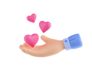 Hand with flying pink hearts. Concept of charity, love, hope, health care, medical insurance. 3d render illustration of palm hold hearts symbols isolated on white