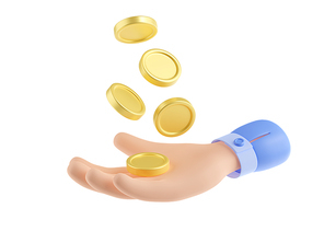 3D illustration of hand with money isolated on white. Golden coins dropping in open human palm. Symbol of earning, receiving bank interest, winning lottery, successful financial transaction