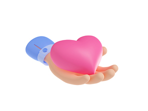 3d render hand holding pink heart on open outstretched palm. Love gesture, design for valentines, volunteer charity, donation or like isolated Illustration on white background in cartoon plastic style