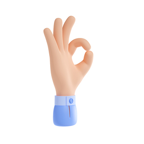 Hand gesture of ok sign. Icon with human arm with fingers showing zero, symbol of good, okay, perfect, yes and positive, 3d render illustration isolated on white