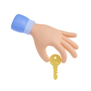 3d render hand holding gold key. Buying or renting new house or car. Mortgage, credit or sale property and rent of apartment concept isolated Illustration on white background in cartoon plastic style