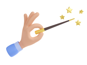 Wizard hand hold magic wand with golden stars. Icon of miracle, imagination, illusion or spell with human arm with magician stick, 3d render illustration isolated on white