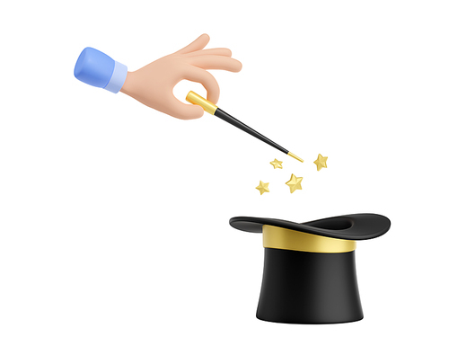 3d render hand holding magic wand with stars sparks above black top hat. Magician making trick performance or spell with cylinder isolated Illustration on white background in cartoon plastic style