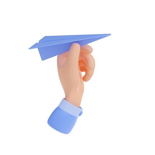3d render hand throwing paper plane. Business concept of successful strategic planning and leadership, goal achievement or travel isolated Illustration on white background in cartoon plastic style