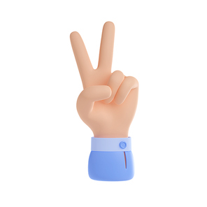 3D render of victory hand gesture isolated on white. Business character fingers showing win or peace sign. Wishing success in competition, war, contest, fight or resistance. Emoji icon