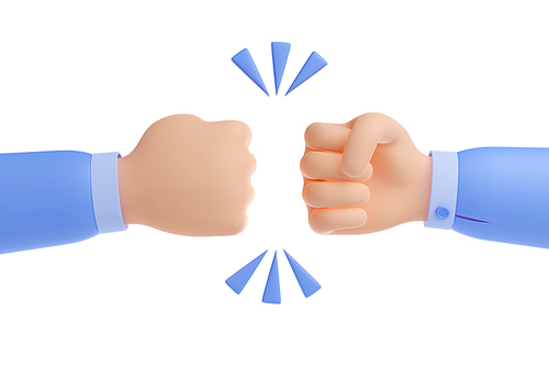 3d render hands giving fist bump. Business concept of partnership, friendship, team power and cooperation gesture, teamwork spirit isolated Illustration on white background in cartoon plastic style