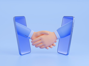 3d render handshake via smartphone screens. Online agreement or contract concept. Businessmen shaking hands after successful negotiation, distant meeting isolated Illustration in cartoon plastic style