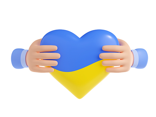 3D illustration of two hands holding Ukraine heart isolated on white. Patriotic emoji icon. Love for country, stop war, support Ukrainians, charity sign in national flag yellow, blue colors